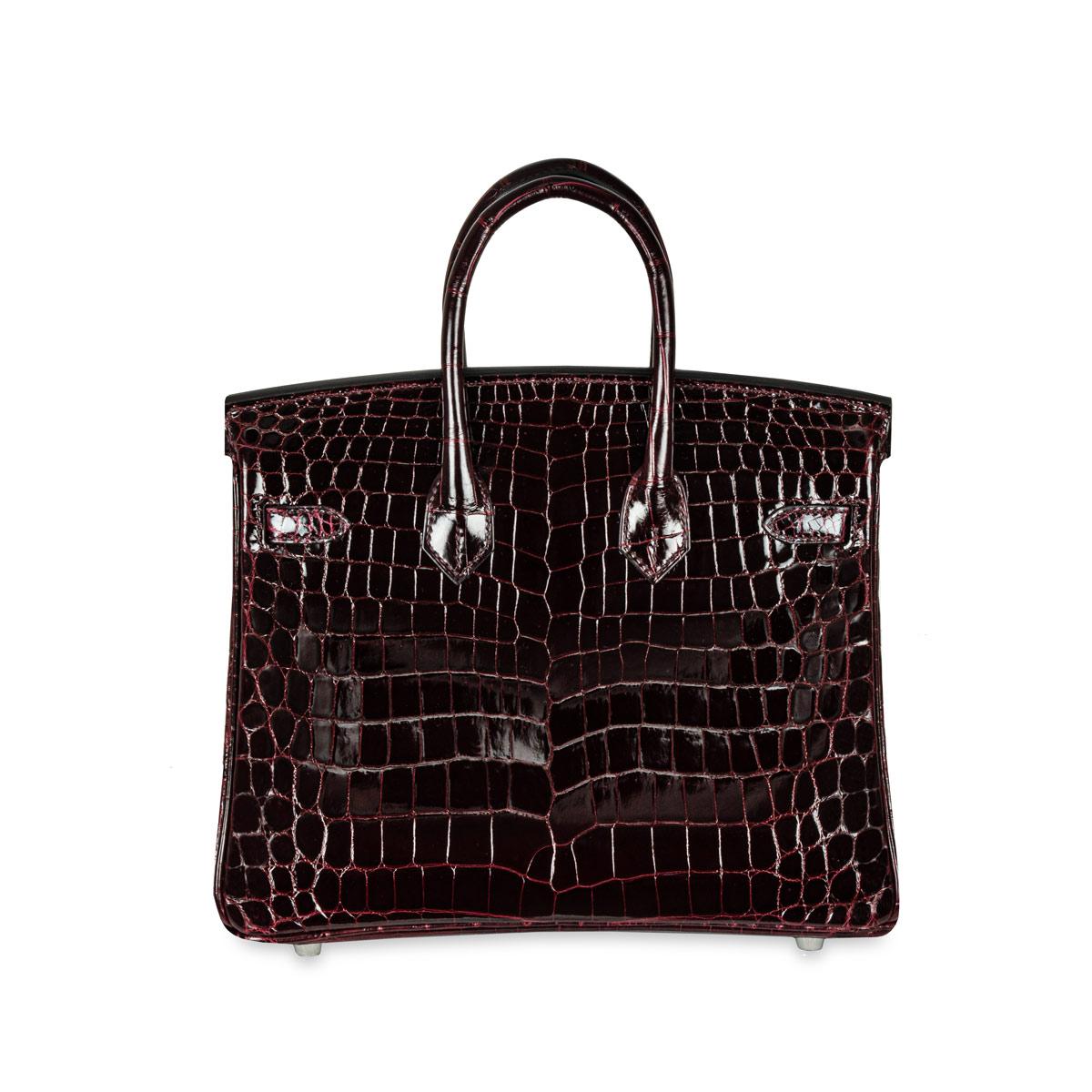 Hermés Bordeaux Glänzend Niloticus 25cm Krokodil PHW (Schwarz) im Angebot