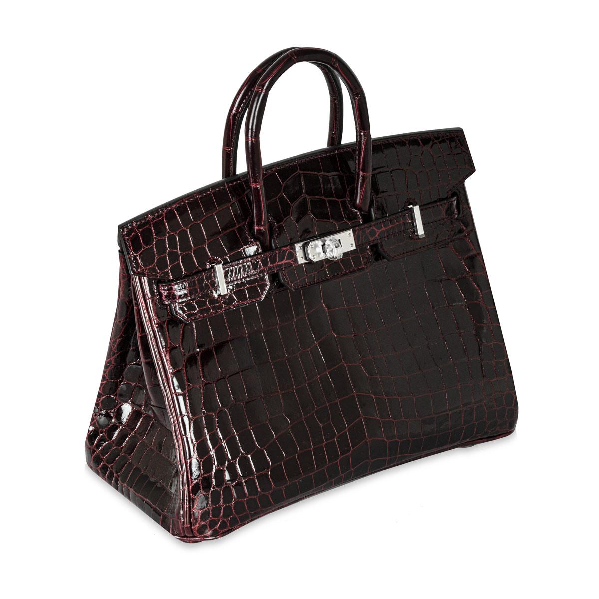 Hermés Bordeaux Glänzend Niloticus 25cm Krokodil PHW im Zustand „Neu“ im Angebot in London, GB