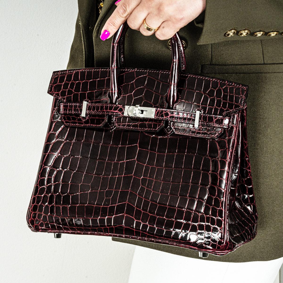 Hermés Bordeaux Glänzend Niloticus 25cm Krokodil PHW im Angebot 2