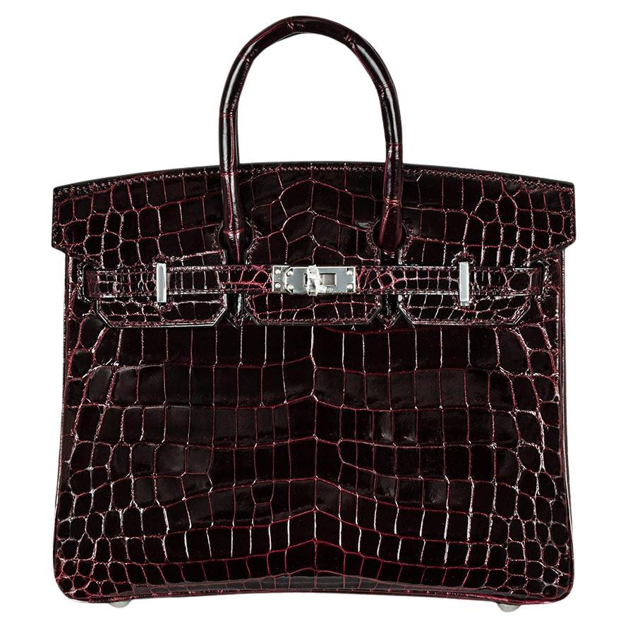 Hermés Bordeaux Shiny Niloticus 25cm Crocodile PHW