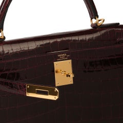 Hermès Bordeaux Shiny Niloticus Crocodile Leather Kelly 28cm Sellier