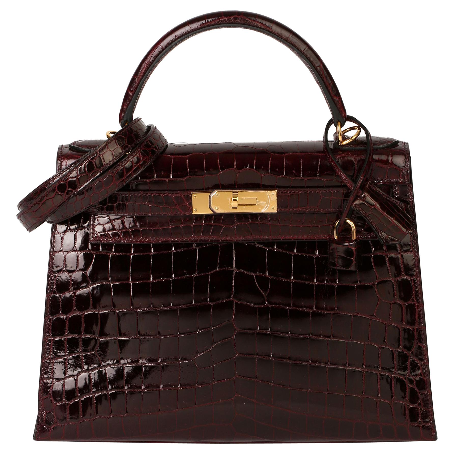 Hermès Bordeaux Shiny Niloticus Crocodile Leather Kelly 28cm Sellier