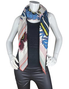 Hermes Botanica Grafica Blanc/Bleu/Multicolor 140cm Silk/Cashmere Scarf Shawl
