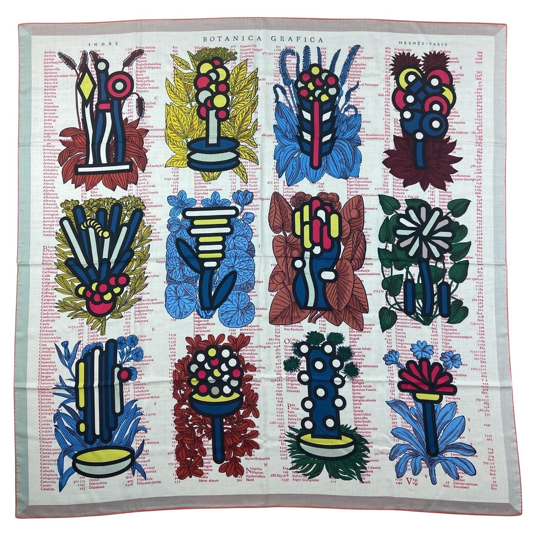 Hermes Botanica Grafica Blanc/Bleu/Multicolor 140cm Silk/Cashmere Scarf Shawl For Sale