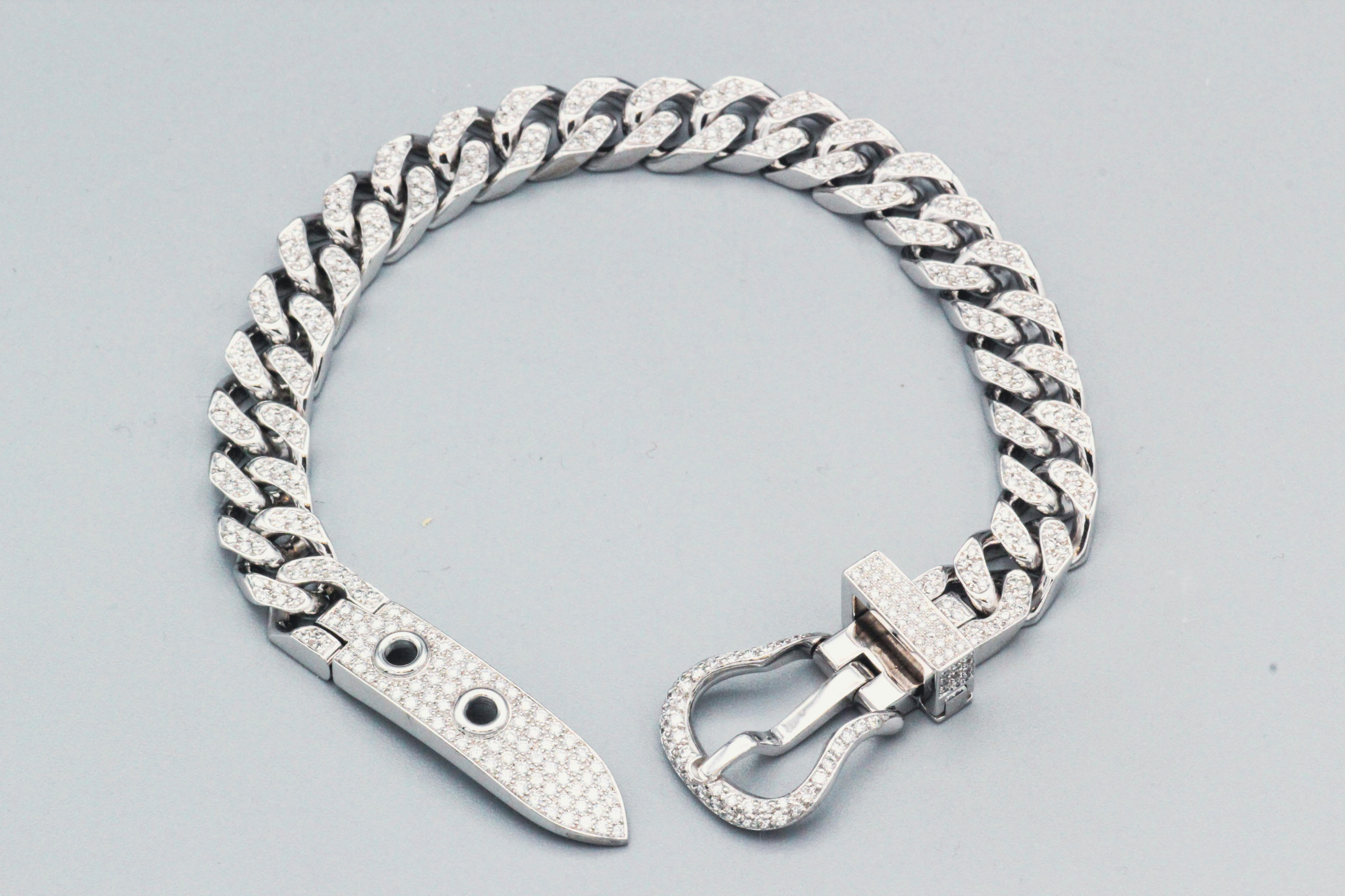 Brilliant Cut Hermès Boucle Sellier Diamond 18 Karat White Gold Buckle Bracelet For Sale