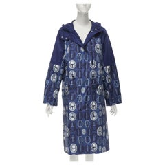 HERMES Bouclerie D'Attelage blue silk printed hooded anorak coat jacket FR34