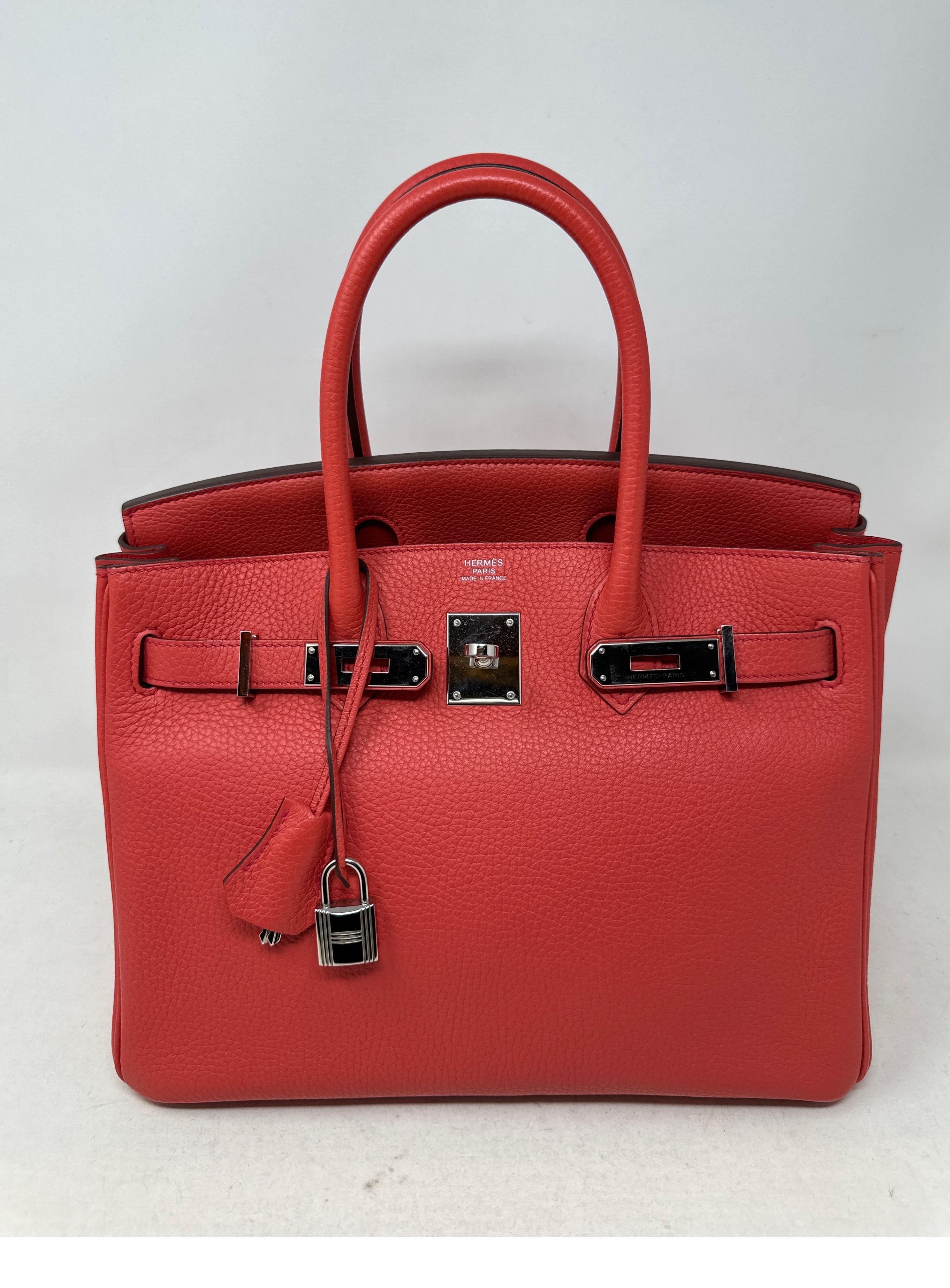 Hermes Bouganvillea Birkin 30 Bag. Stunning rosy red pink bag. Excellent like new condition. Palladium hardware. Color pops. Most wanted size. Includes clochette, lock, keys, and dust bag. Guaranteed authentic. 