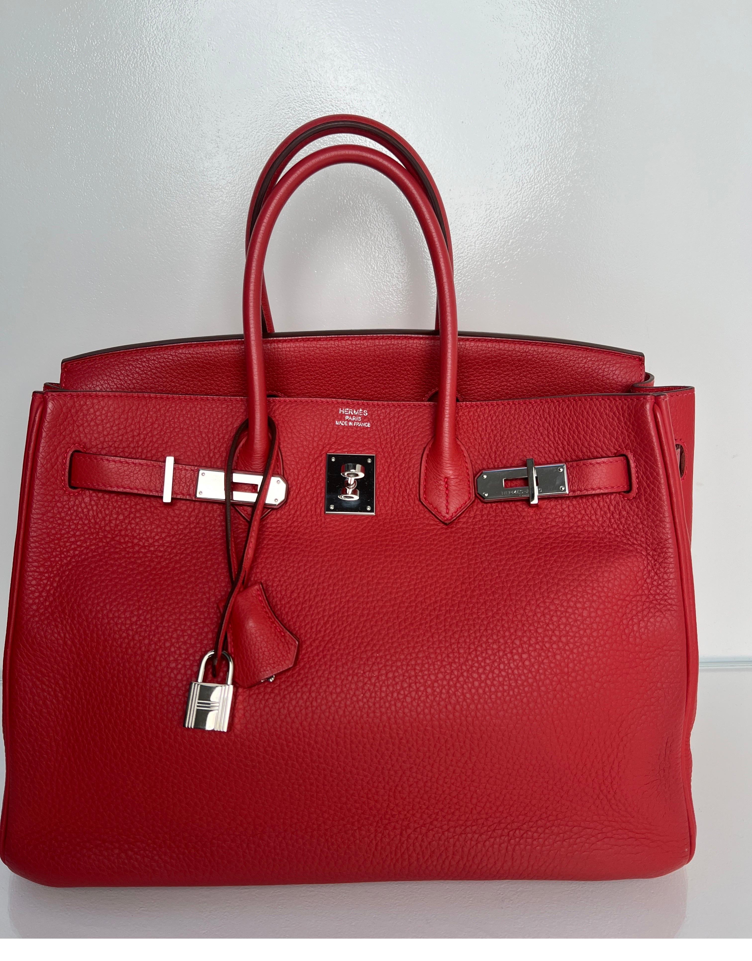 Hermes Bouganvillea Birkin 35 Bag. Pink red color bag. Palladium hardware. Very good condition. Clemence leather. Pretty color and rare. Interior clean. Includes clochette, lock, keys, and dust bag. Guaranteed authentic. 