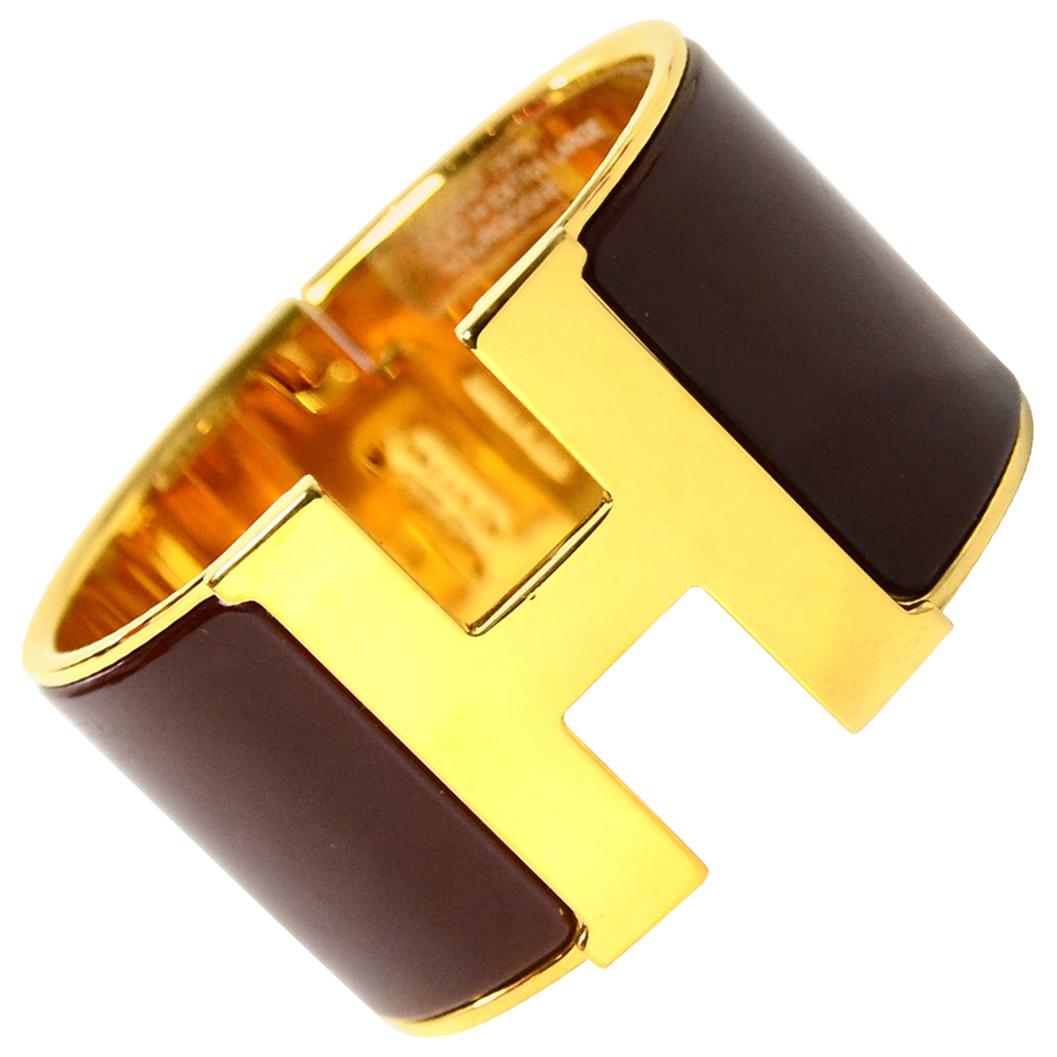 Hermes Bourgogne Burgundy/ Gold Enamel Extra Wide H Clic Clac Bracelet sz PM