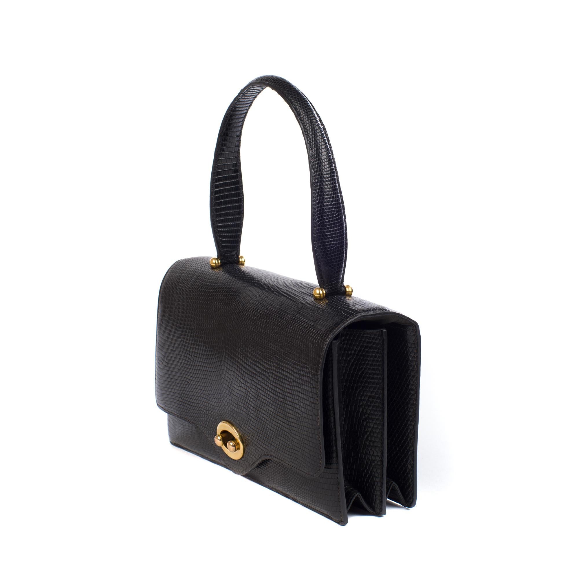 Hermes Boutonniere 26cm Black Lezard Handbag In Excellent Condition In Paris, IDF