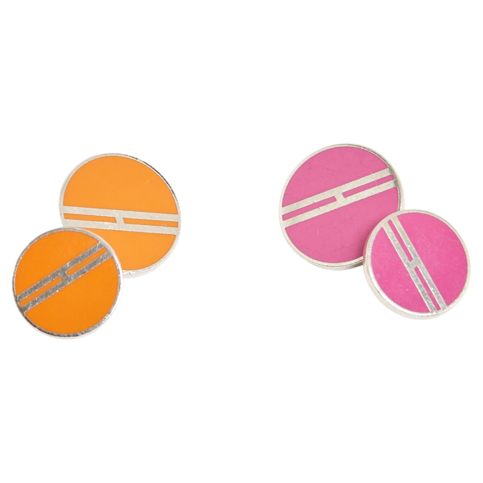 Hermès Boutons de Manchette H Pink Orange Printed Enamel Cufflinks Hermes For Sale