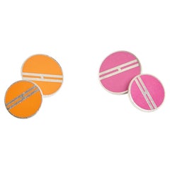 Hermès Boutons de Manchette H Pink Orange Gedruckte Emaille Manschettenknöpfe Hermes