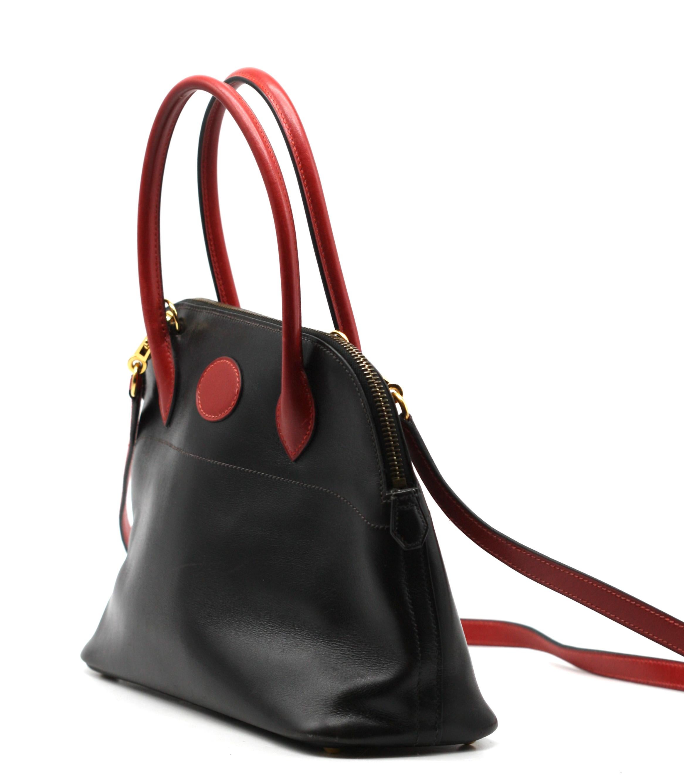 Hermes Box Calf Black and Red Leather Bolide Handbag In Good Condition For Sale In West Palm Beach, FL