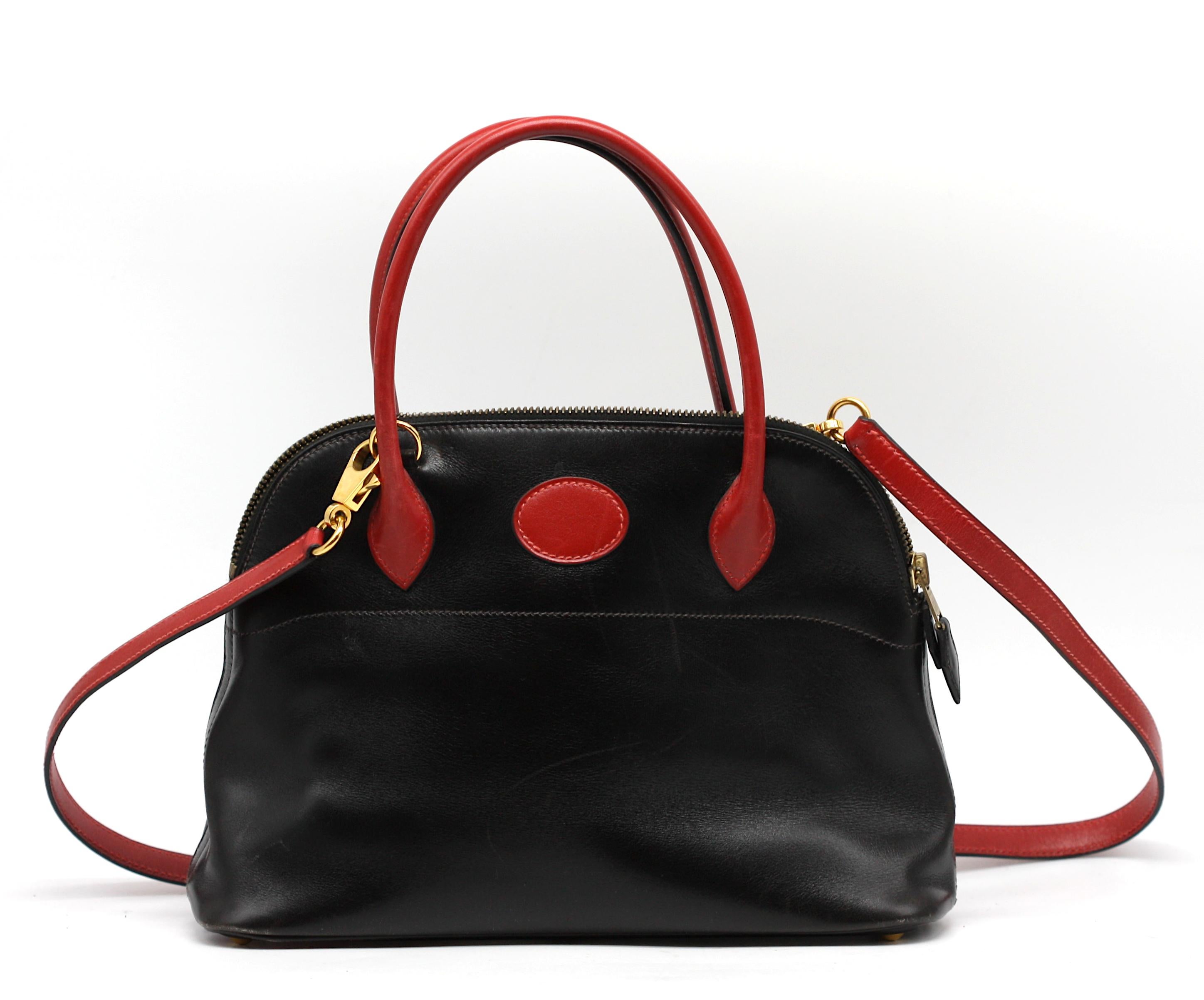 Hermes Box Calf Black and Red Leather Bolide Handbag For Sale 2