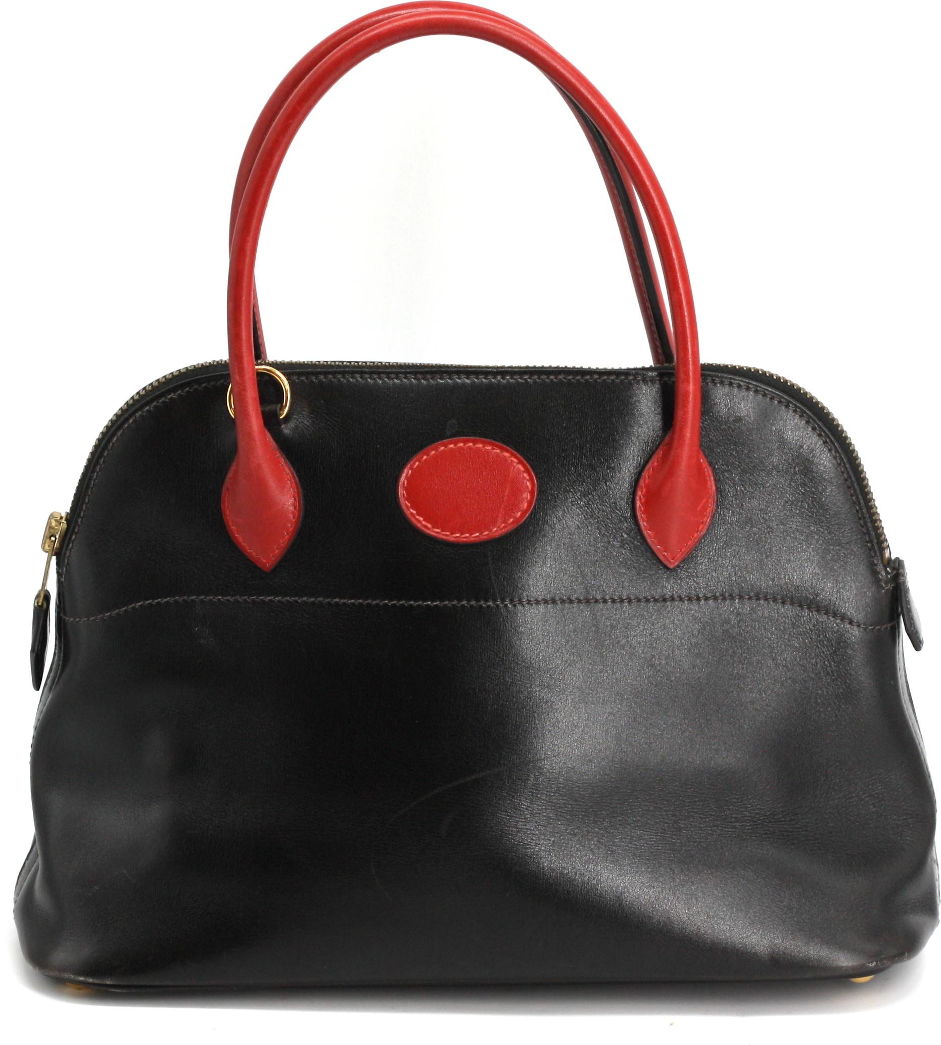 Hermes Box Calf Black and Red Leather Bolide Handbag For Sale 3