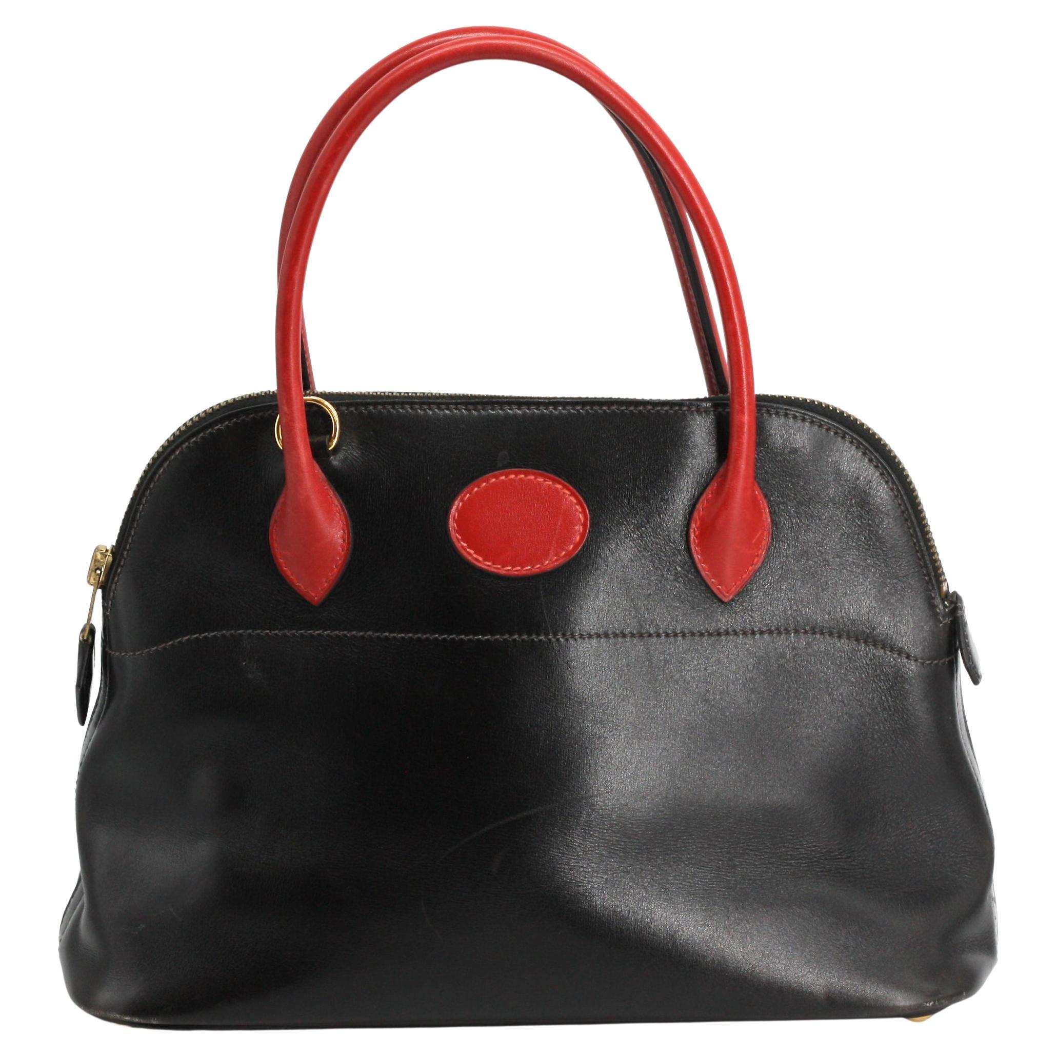 Hermes Box Calf Black and Red Leather Bolide Handbag For Sale