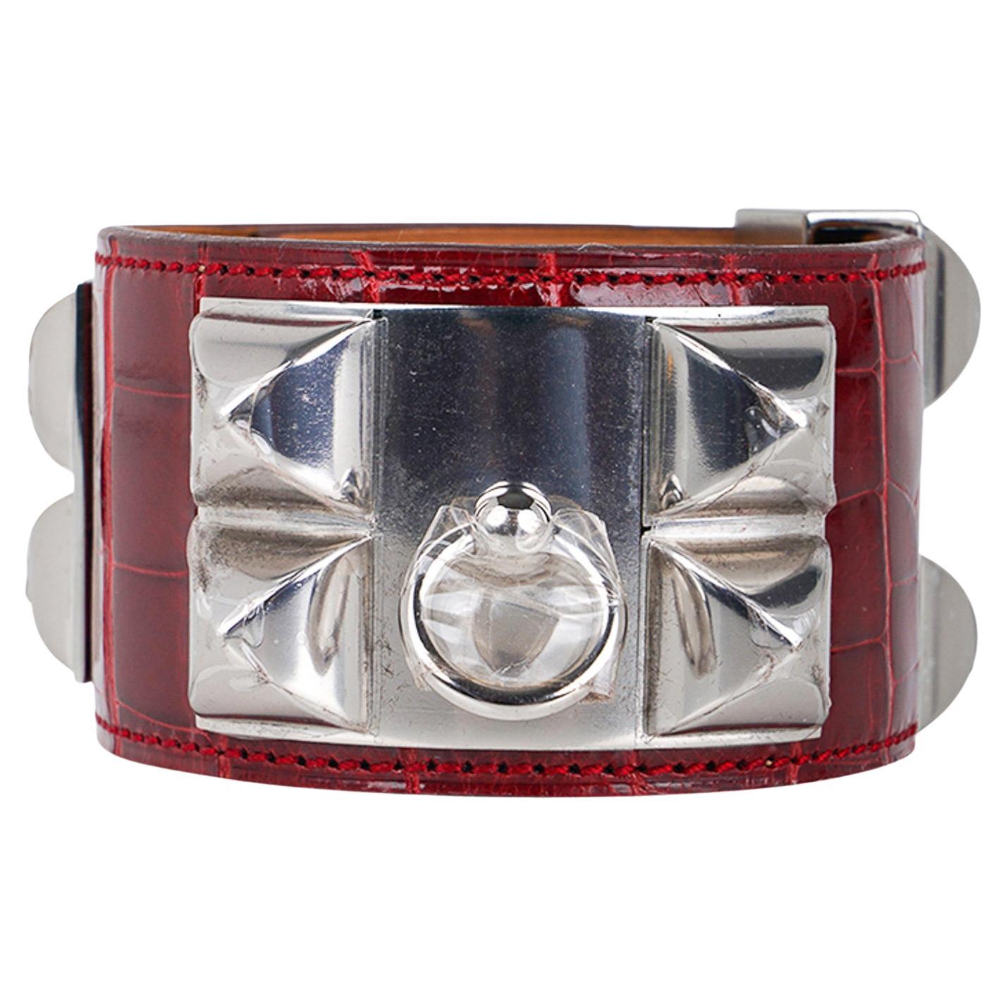 Bracelet Collier de Chien Hermès CDC Collier de Chien en alligator rouge vif S