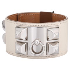 Hermes Bracelet CDC Collier de Chien Cuff White Leather Palladium Plate Sz L