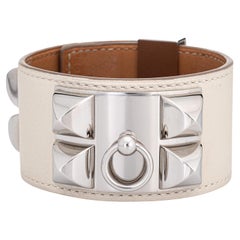 Bracelet Hermès CDC Collier de Chien Cuff en cuir blanc plaqué palladium, Taille L