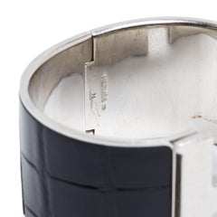 Hermès Bracelet Clic Clac H XXLarge Silver Metal Black Leather Bracelet Hermes