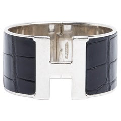 Hermès Bracelet Clic Clac H XXLarge Silver Metal Black Leather Bracelet Hermes