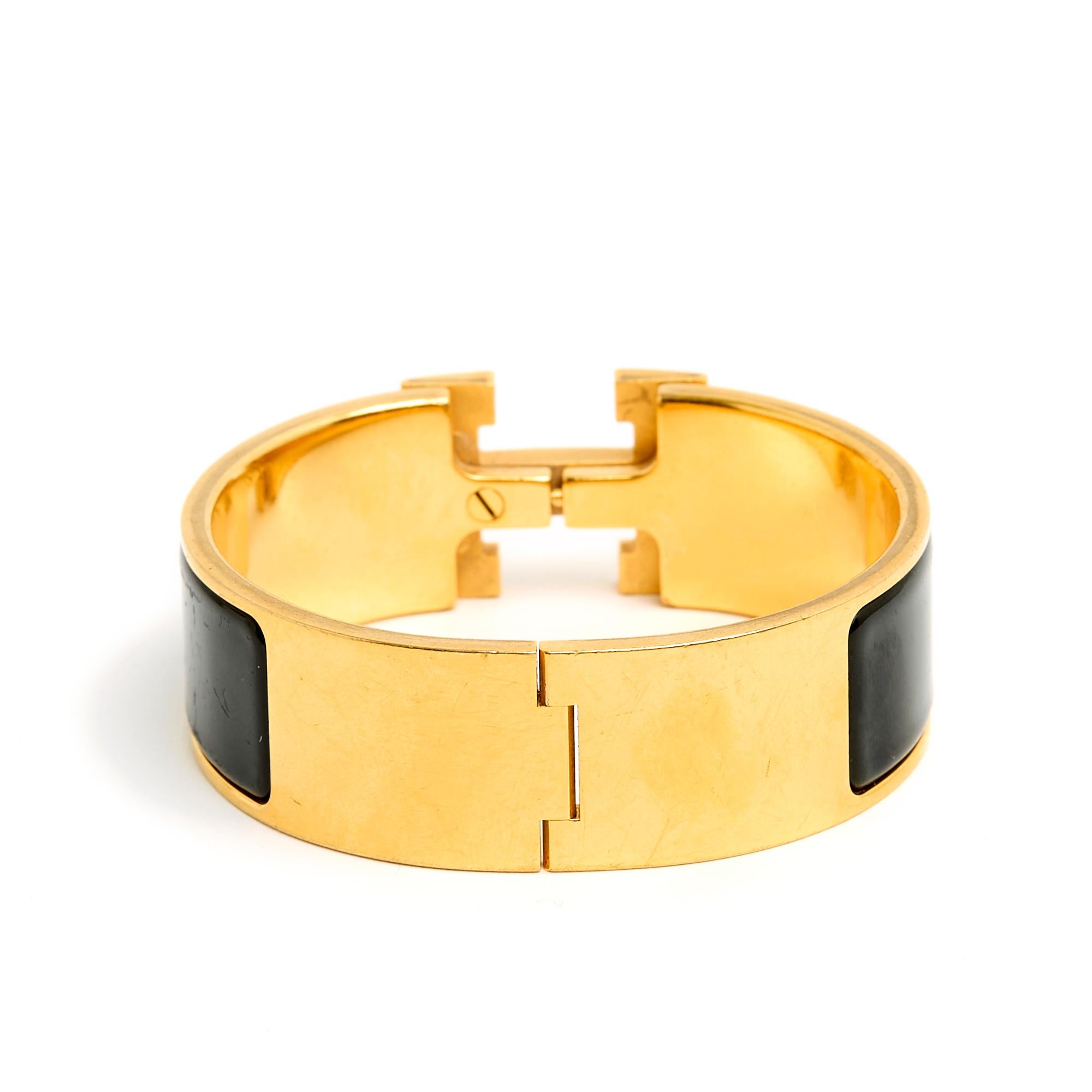 Hermès Pulsera Clic H Grande GM Esmalte negro Metal dorado Pulsera Clic H Hermes en Bastante bueno estado para la venta en PARIS, FR