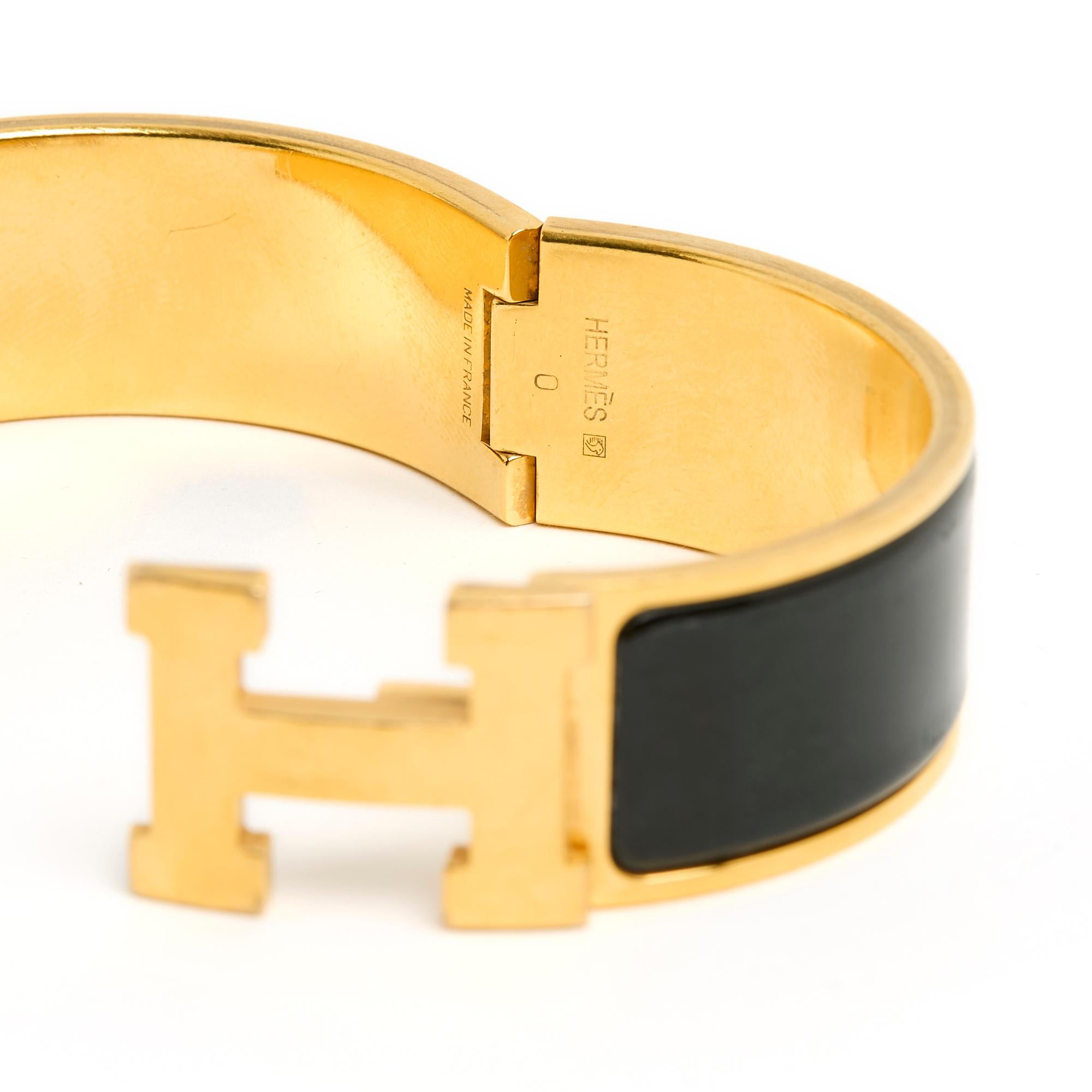 Femenino o masculino Hermès Pulsera Clic H Grande GM Esmalte negro Metal dorado Pulsera Clic H Hermes en venta