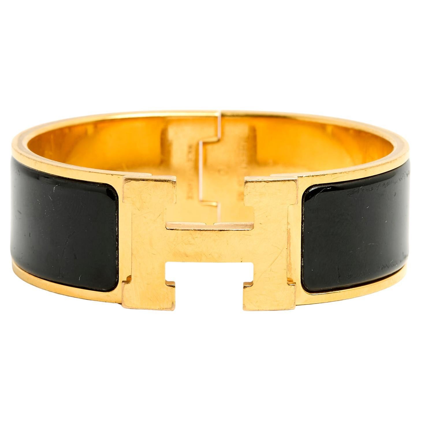 Hermès Pulsera Clic H Grande GM Esmalte negro Metal dorado Pulsera Clic H Hermes en venta