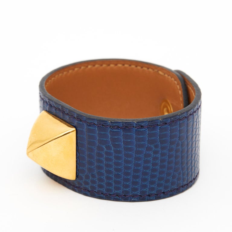 Bracelet Manchette HERMES Medor En Cuir Et Métal Doré - Occasion - Fabriqué En France