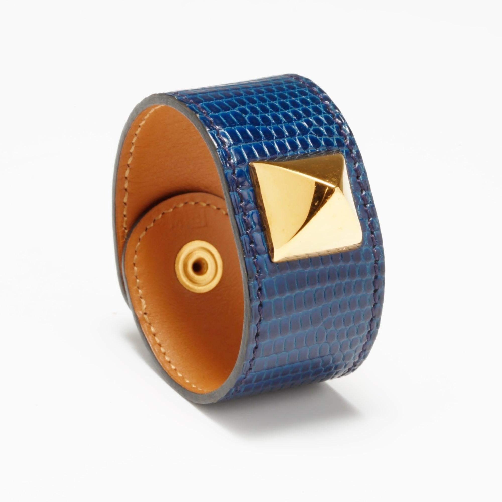 Hermès Bracelet Manchette Medor Collier de chien Cuir bleu Unisexe en vente