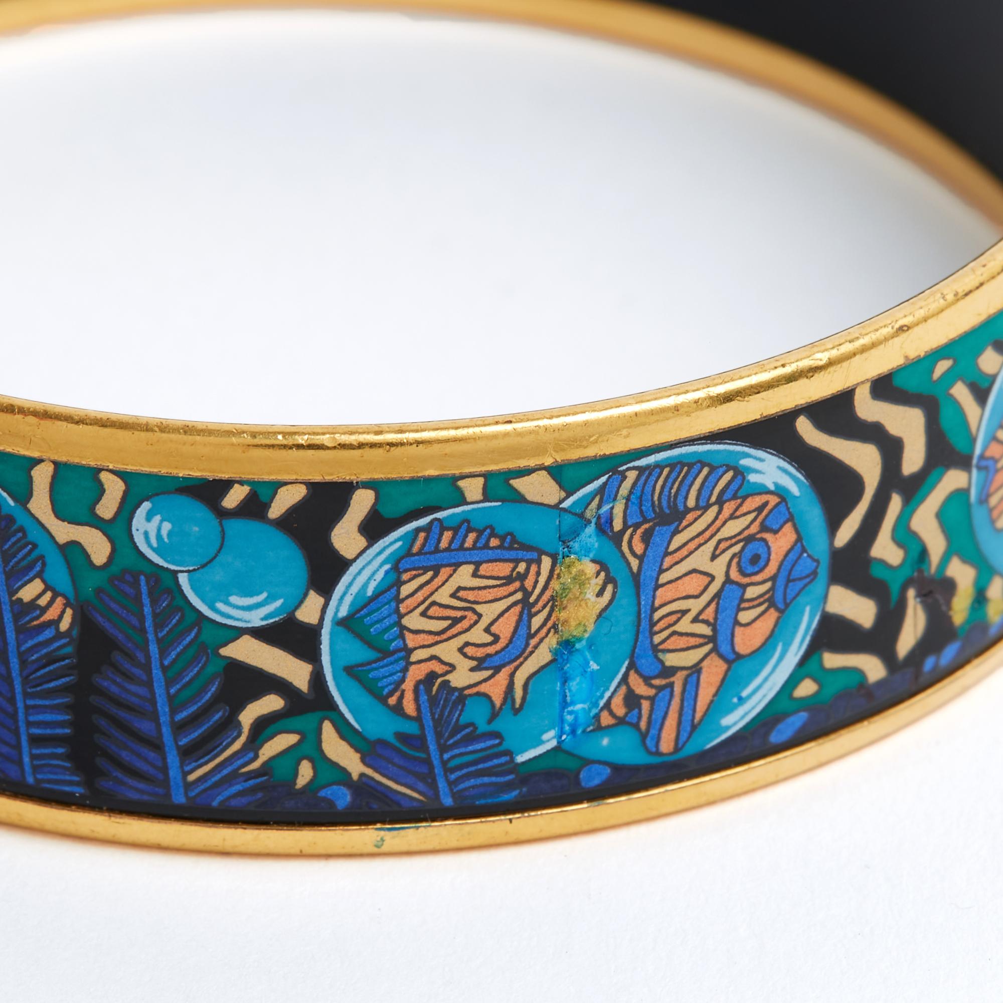 Women's or Men's Hermès Bracelet Email Imprime T62 Exotic Fish Blue Enamel Bangle Size S Hermes
