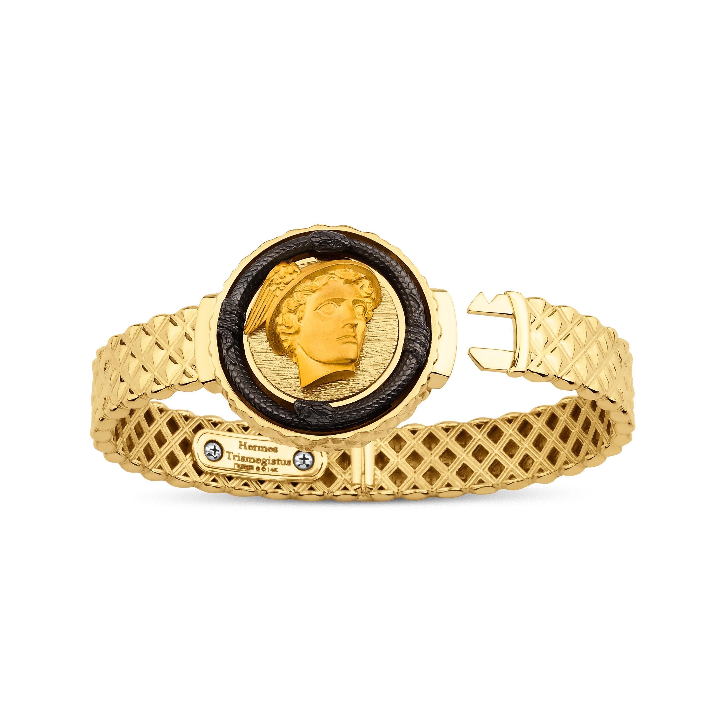 This bracelet merges ancient symbolism with modern functionality, creating a piece that is both visually stunning and deeply meaningful. At the heart of the design lies the face of Hermes, the Greek god of communication, travel, and commerce. Known