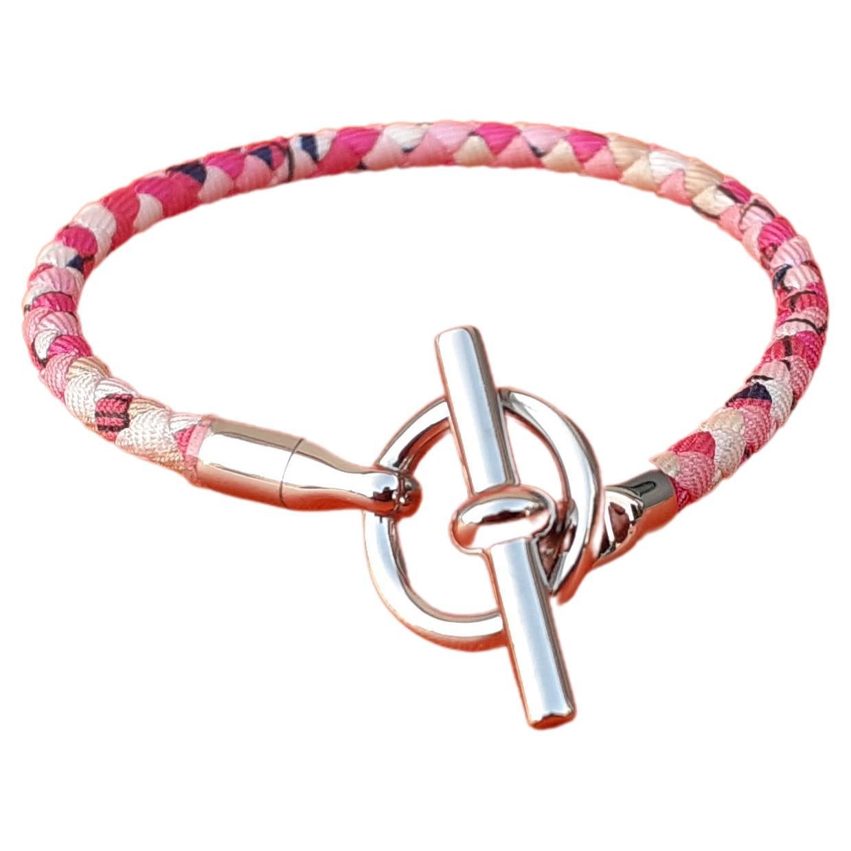 Hermès-Armband Glenan Seide Palladium Hdw Limitierte Sommerausgabe Rosa Größe 3 im Angebot