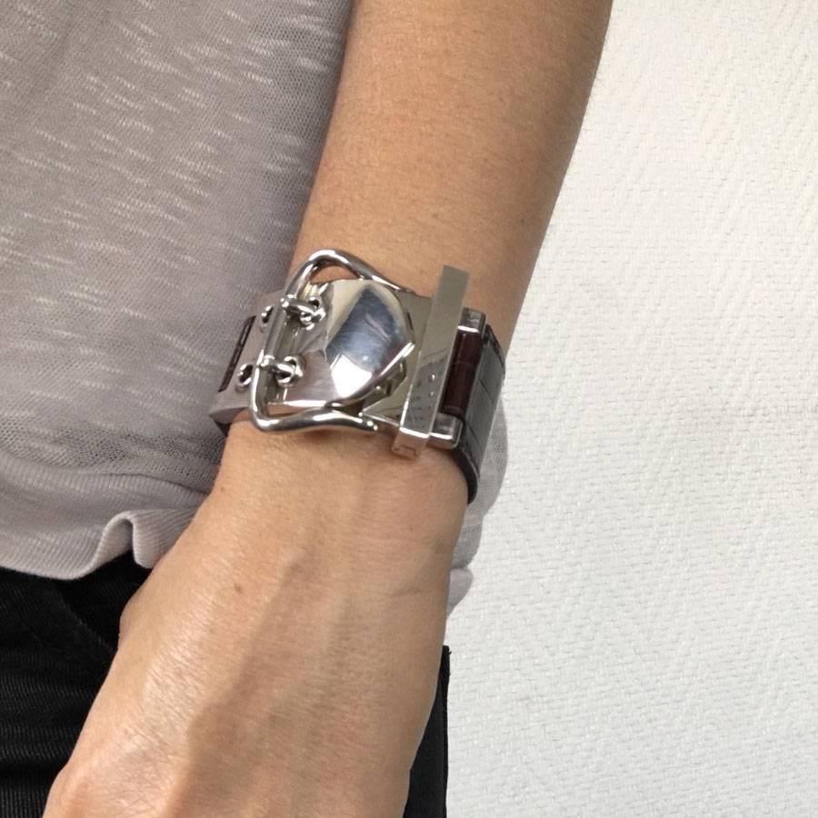 HERMES Bracelet in Brown Crocodile and Sellier Buckle in Sterling Silver 925Ag 4