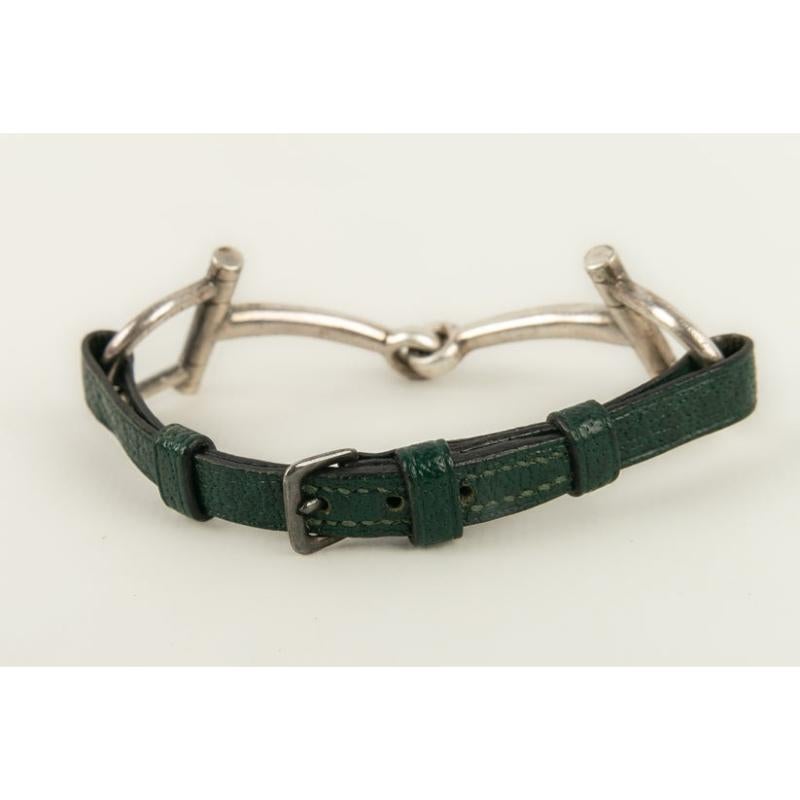 Women's Hermès Bracelet in Green Leather and Silver For Sale