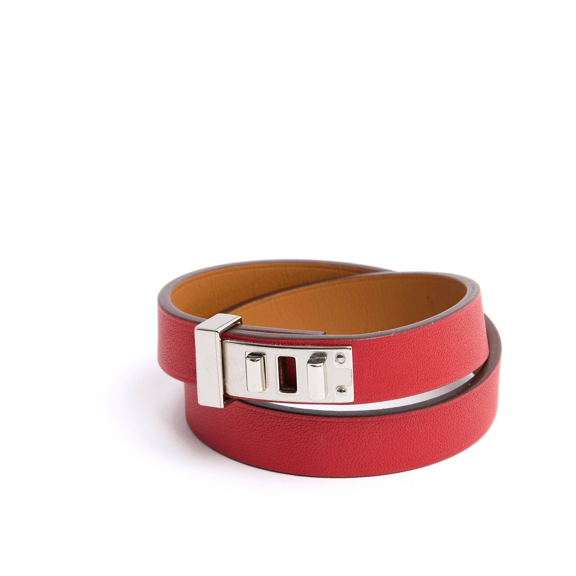 Hermès Mini Dog double-wrap bracelet in bright red smooth leather (Hermès 