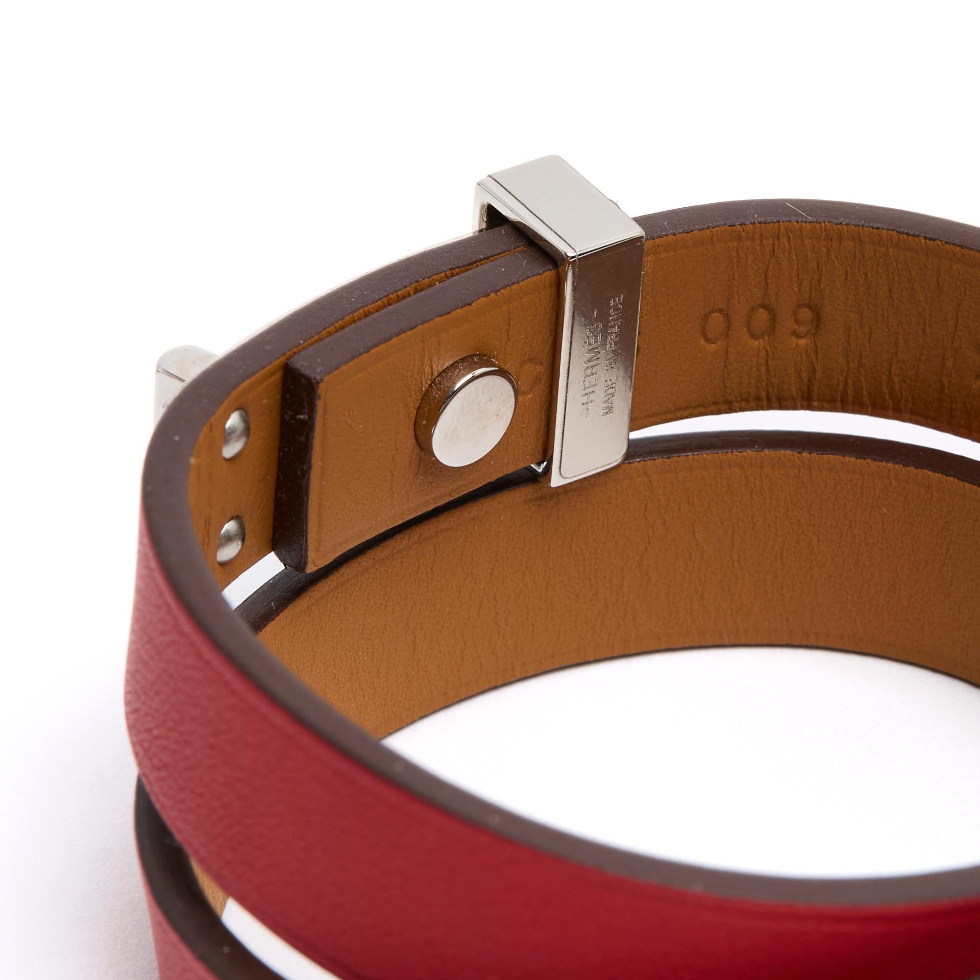 Hermès Bracelet Mini Dog Double Tour T2 Red Leather Silver HDW Bracelet new In New Condition For Sale In PARIS, FR