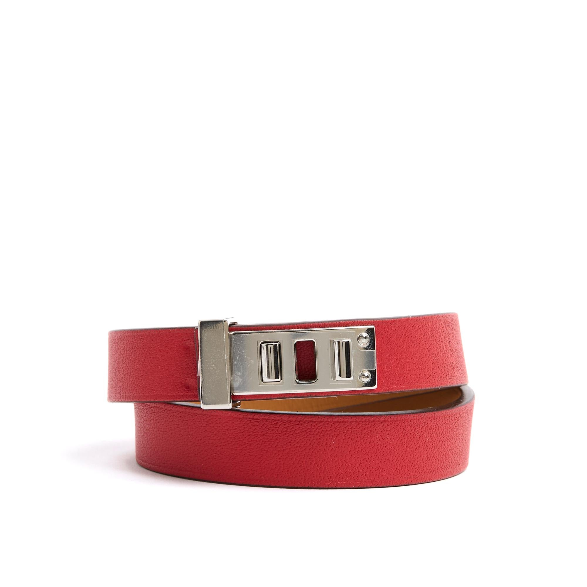 Women's or Men's Hermès Bracelet Mini Dog Double Tour T2 Red Leather Silver HDW Bracelet new For Sale