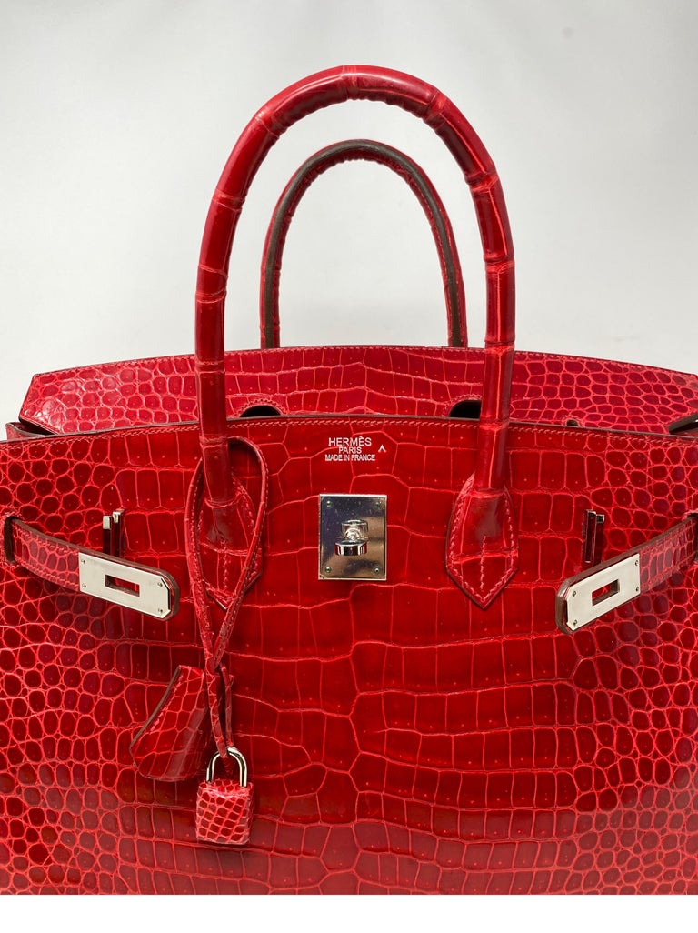 Hermes Braise Red Shiny Porosus Crocodile Birkin 35 Bag For Sale at 1stDibs