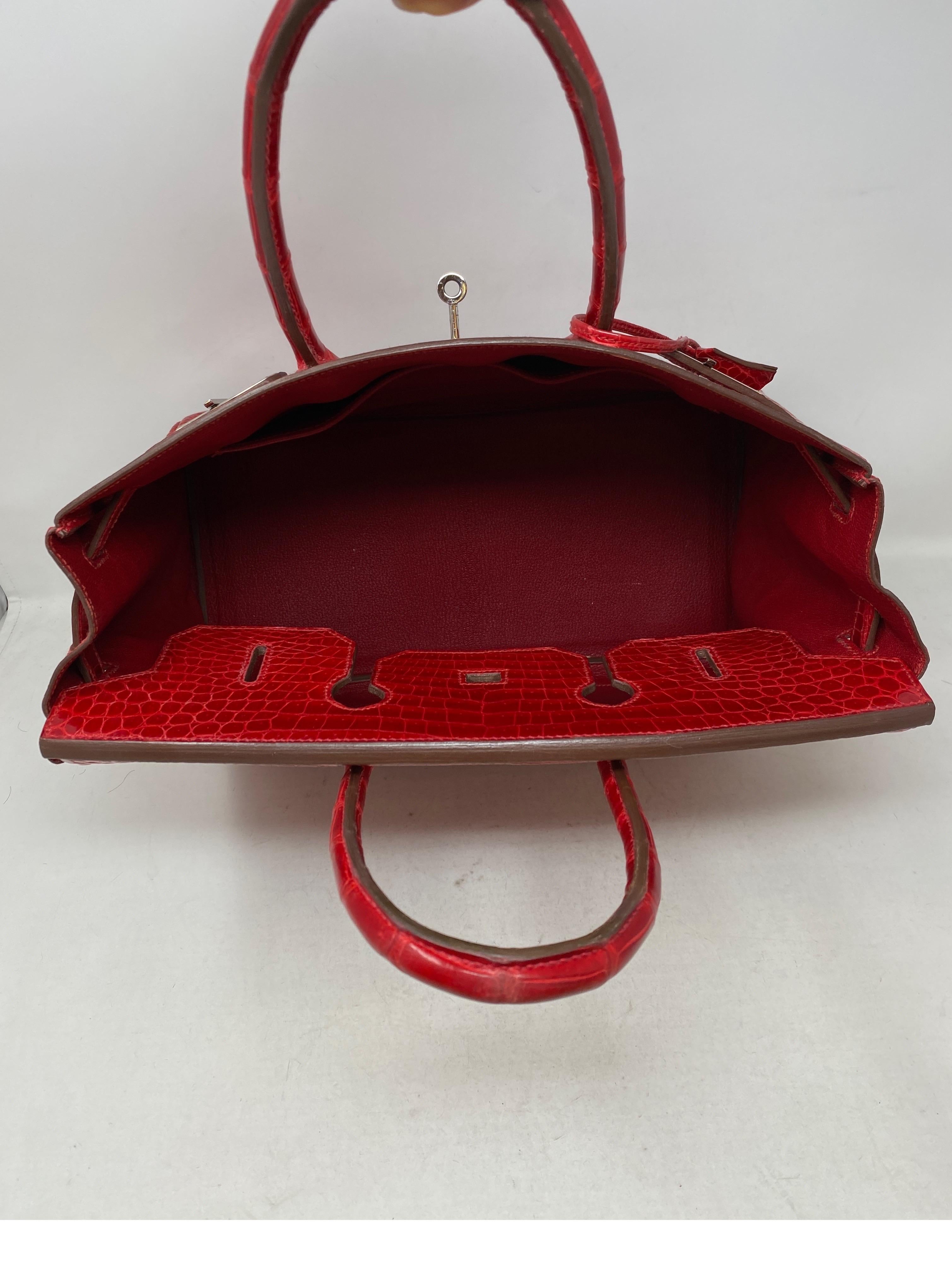 Hermes Braise Red Shiny Porosus Crocodile Birkin 35 Bag 10