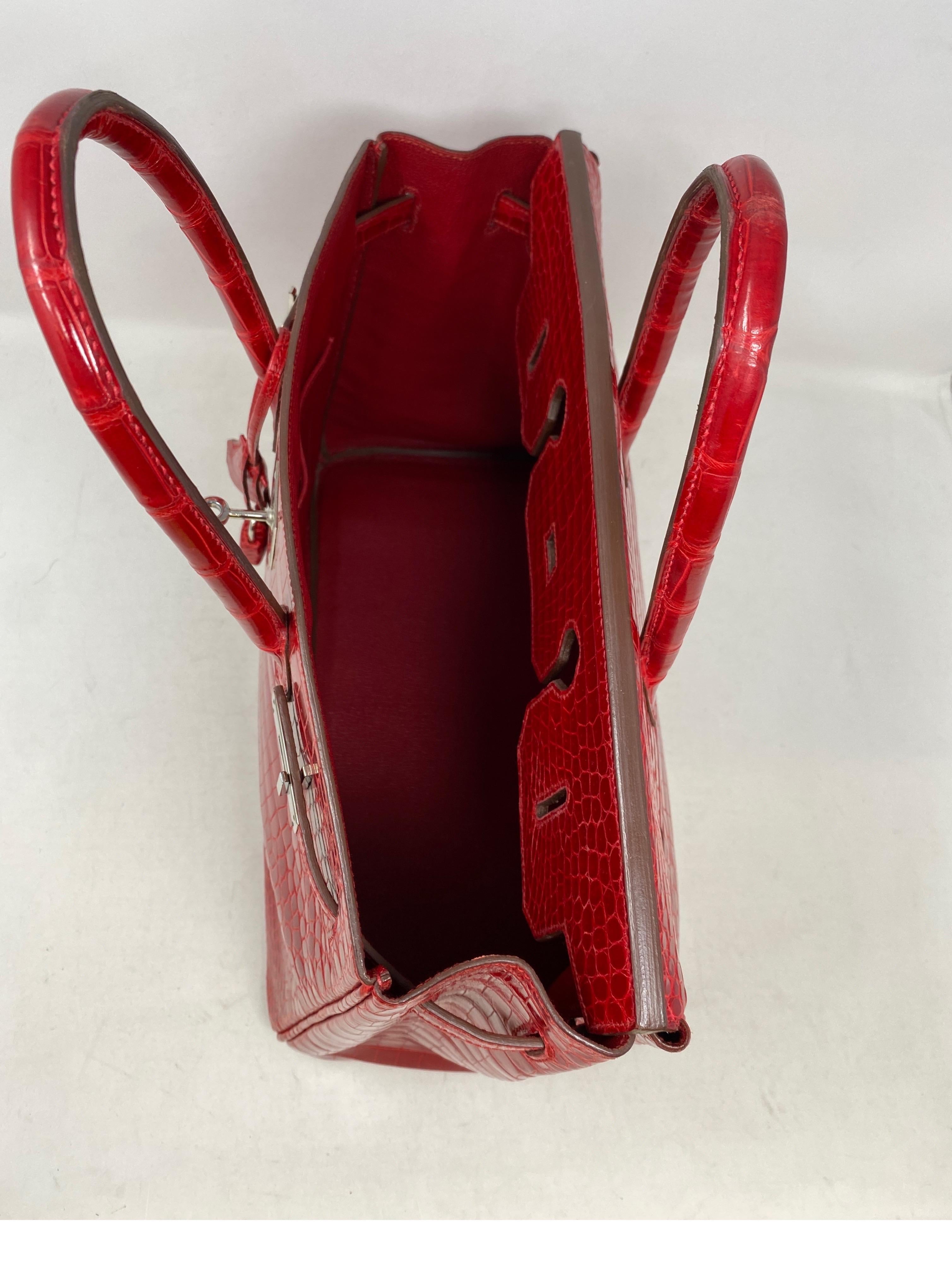 Hermes Braise Red Shiny Porosus Crocodile Birkin 35 Bag 11