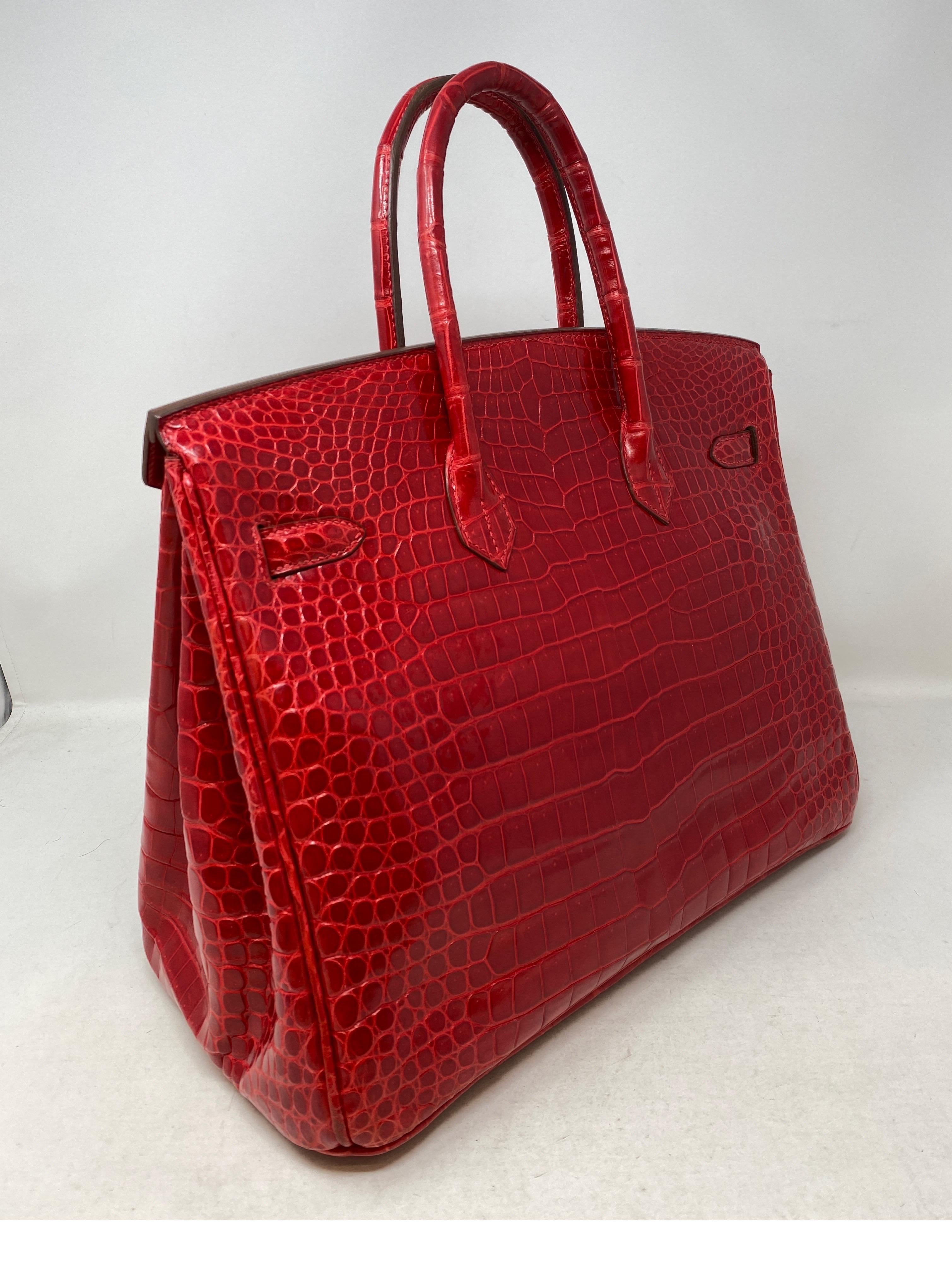 Hermes Braise Red Shiny Porosus Crocodile Birkin 35 Bag  In Excellent Condition In Athens, GA