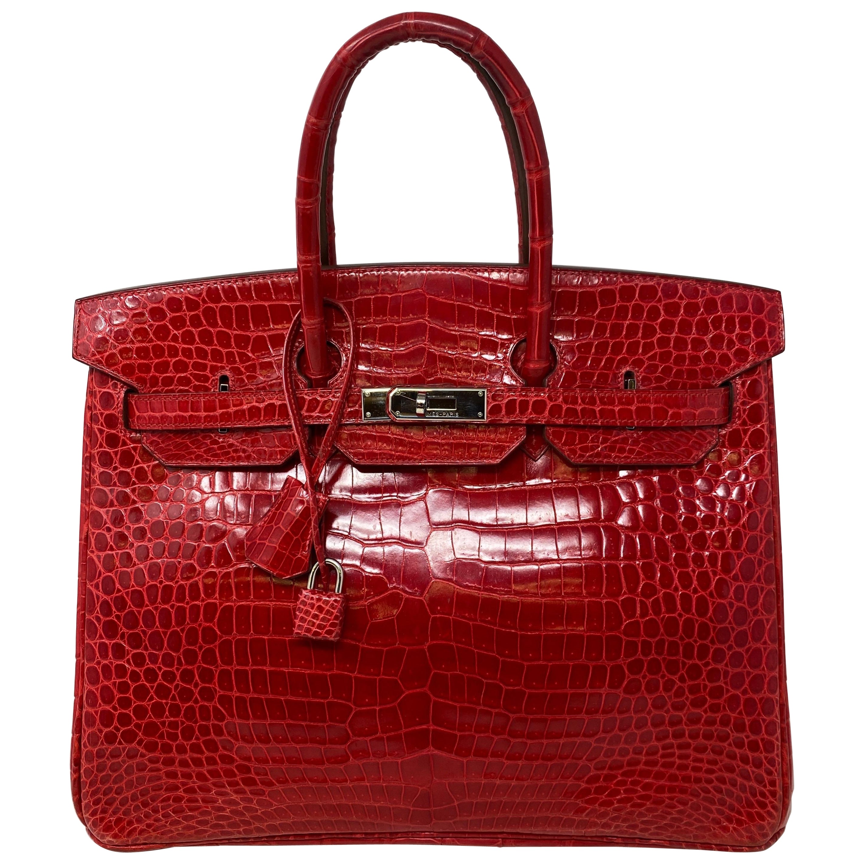 Hermes Braise Red Shiny Porosus Crocodile Birkin 35 Bag