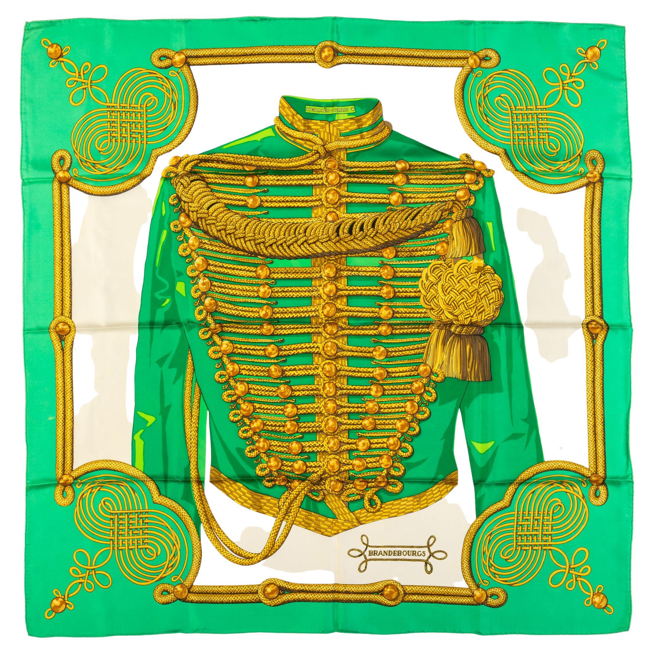 Hermès Brandebourg Green Silk Scarf For Sale