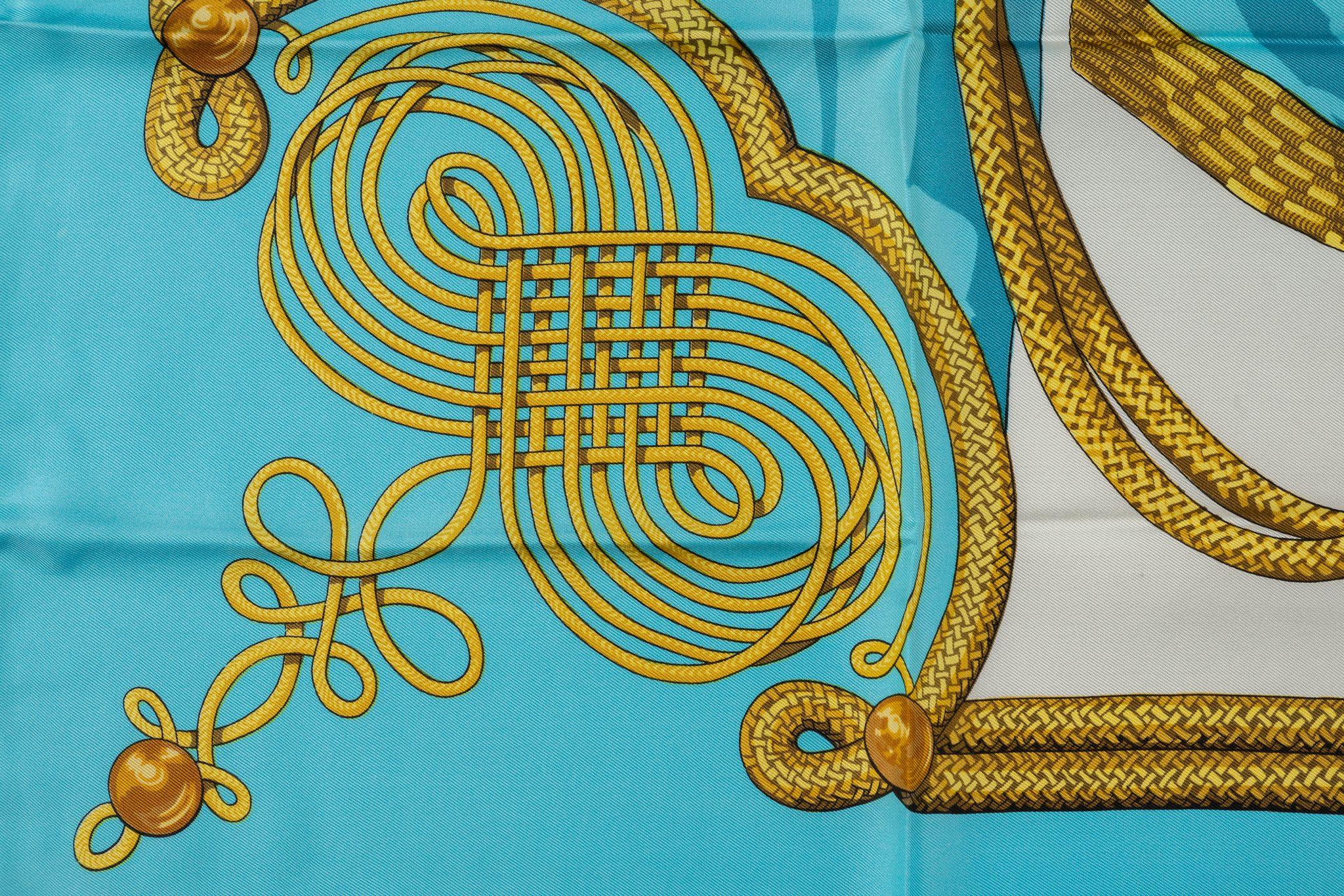 Women's or Men's Hermès Brandebourgs Turquoise Silk Scarf For Sale