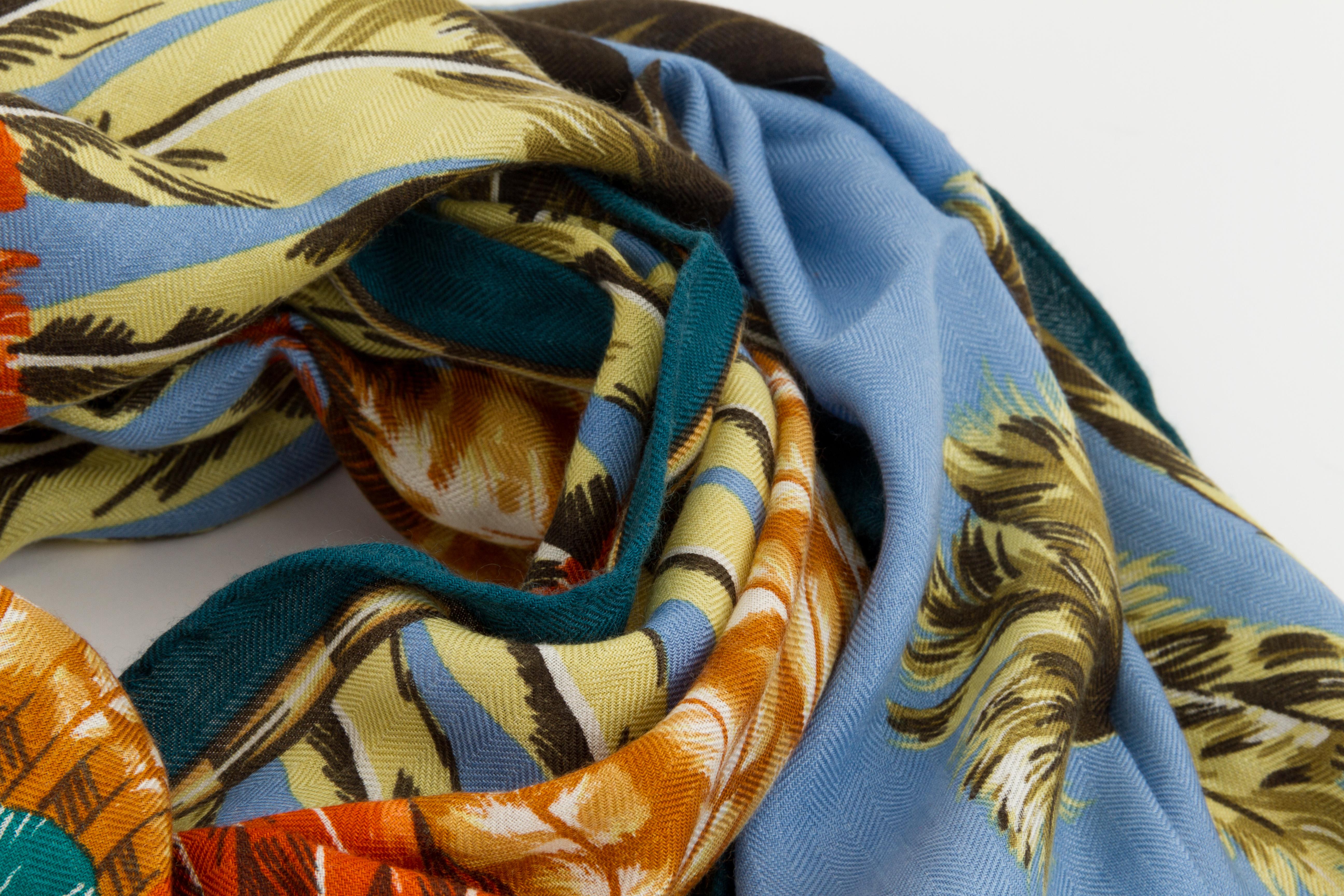 Gray Hermès Brazil Blue Silk Cashmere Shawl Stole