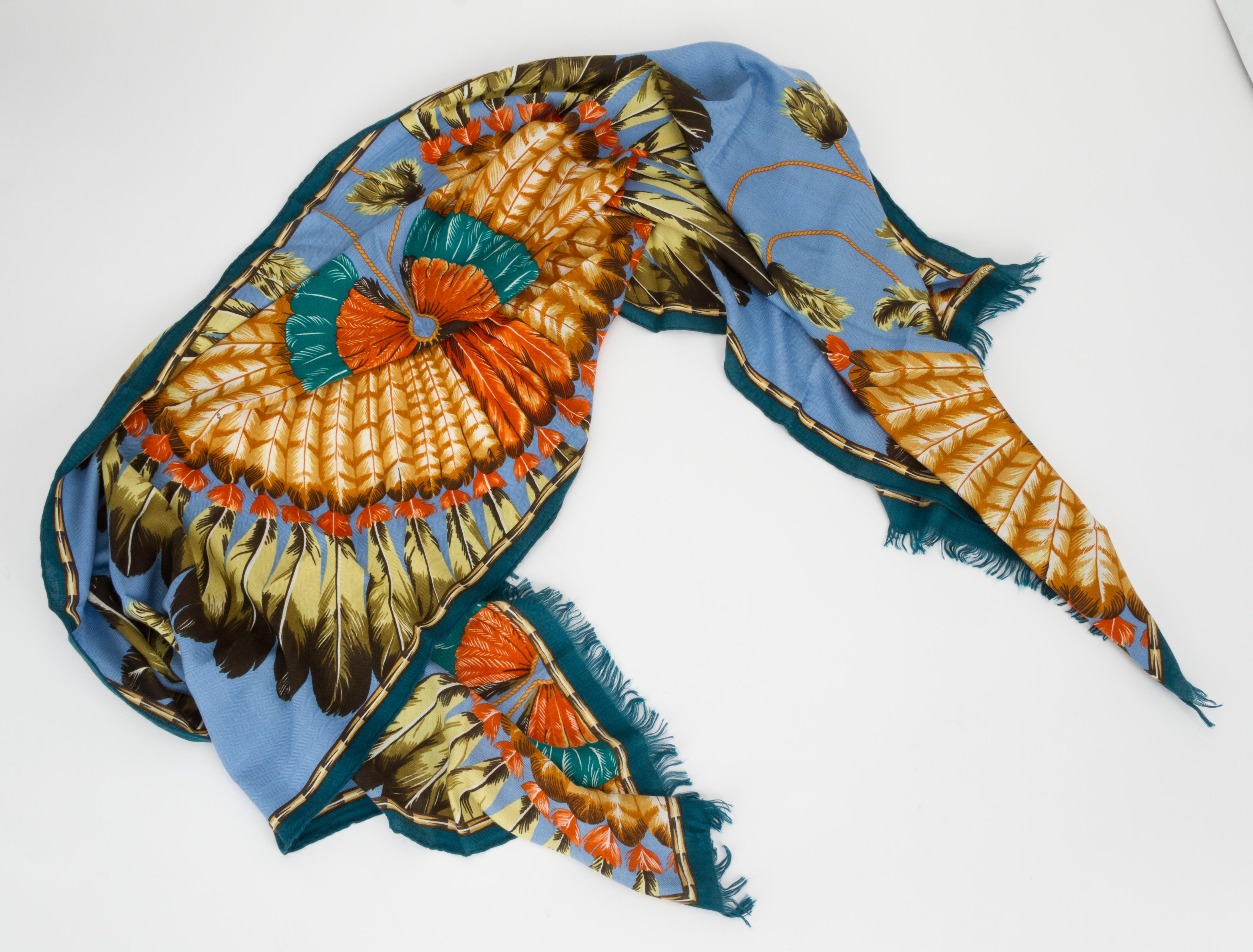Women's Hermès Brazil Blue Silk Cashmere Shawl Stole