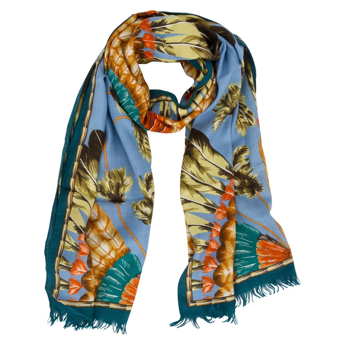 Hermès Brazil Blue Silk Cashmere Shawl Stole