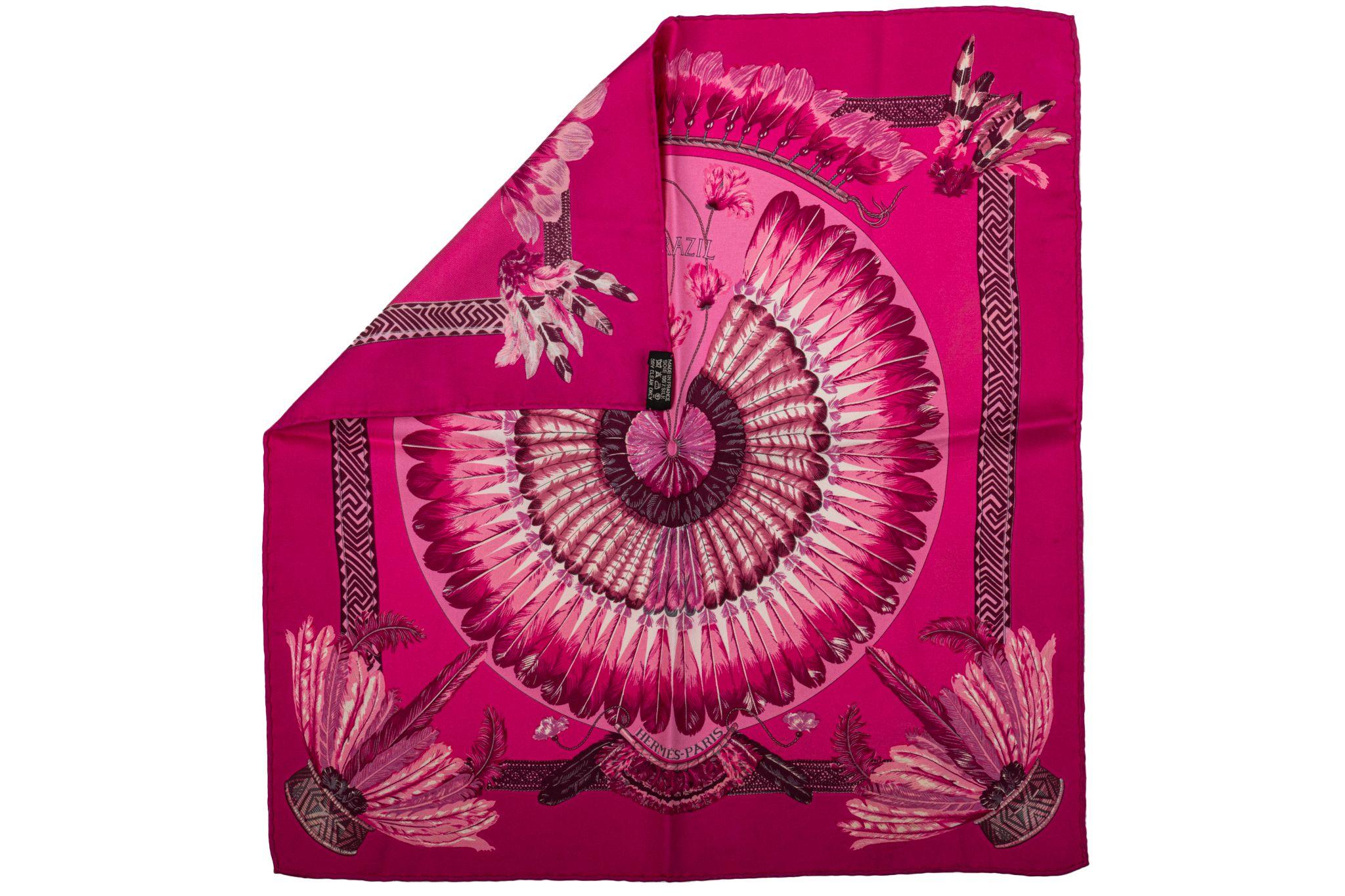 Hermes preloved collectible fuchsia brazil silk gavroche. Hand rolled trim.