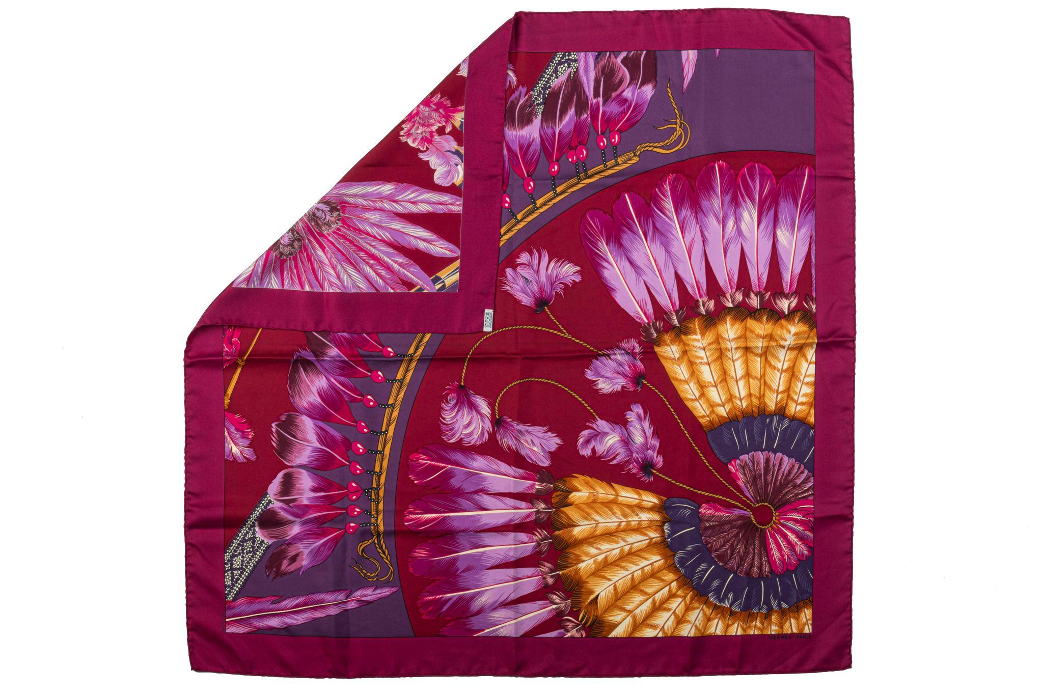 Hermes collectible Brazil design in muticolor purple, burgundy silk scarf. Hand rolled edges.